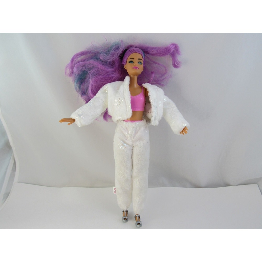 Barbie Extra Doll Purple Blue Hair White Faux Fur Outfit Pink Top 2021 Mattel